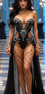 Woman in an elegant black evening gown with intricate design.