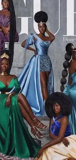 Women in vibrant evening gowns posing artfully on steps.