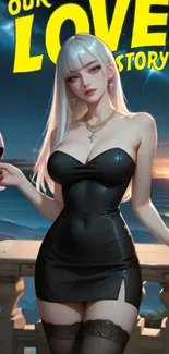 Animated woman in black dress holding wine, sunset background.