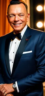 Portrait of a distinguished man in a navy blue tuxedo.