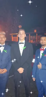 Elegant evening with friends in tuxedos under a starry night sky.