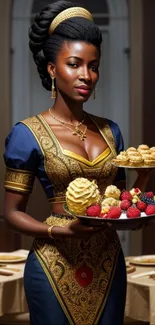 Woman with desserts in elegant attire, set in a luxury dining setting.