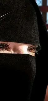 Mysterious eyes peering through a black hijab in an elegant digital portrait.