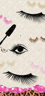 Stylish eyelash art wallpaper with bold black lashes on beige background.