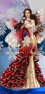 Enchanting fairy in red dress amidst snowflakes on a fantasy wallpaper.