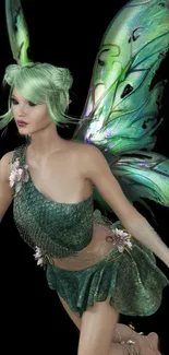 Magical fairy with iridescent wings on a dark background.