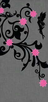 Elegant floral design with fairy silhouette on grey background.