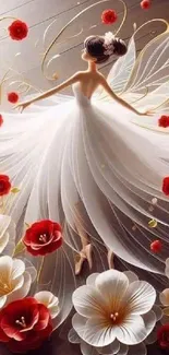 Elegant fairy with flowers in artful wallpaper scene.