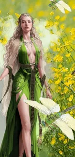 Elegant fairy in green dress with yellow flowers and dragonflies.