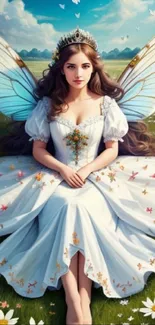 Elegant fairy sitting in a meadow with butterfly wings and flowers.