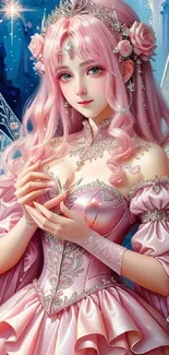 Enchanting fairy princess in pink gown with intricate details and magical background.