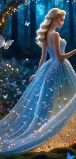 Fairytale princess in blue gown with glowing butterflies in enchanted forest.