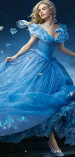 A captivating princess in a flowing blue gown, creating an enchanting mobile wallpaper.