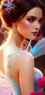 Elegant fairy adorned with butterfly wings and glowing roses in a fantasy design.