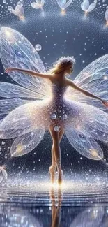 Elegant fairy with glowing, transparent wings and sparkling background.