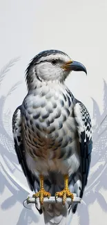 Elegant falcon perched on a branch with detailed feathers and blue accents.