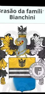 Detailed family crest wallpaper in yellow, black, and white colors.