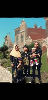 Family portrait in cultural attire outdoors with a scenic building backdrop.