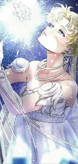 Anime character in elegant attire with sparkles and blue background.