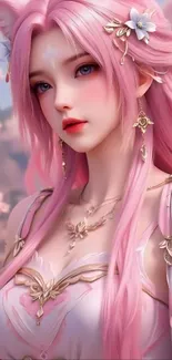 Enchanting anime character with pink hair and flowers.