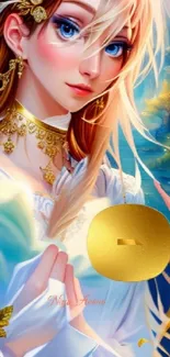 Anime princess with golden jewelry in a fantasy setting, perfect wallpaper art.