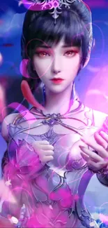 Elegant anime character with vibrant pink hues in a fantasy setting.