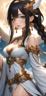 Elegant fantasy anime character with golden details and a moonlit backdrop.