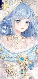 Elegant anime girl with blue hair and starry dress.