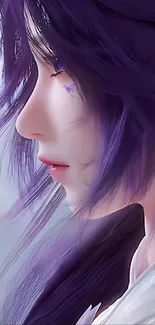 Ethereal character with purple hair in a fantasy art wallpaper.