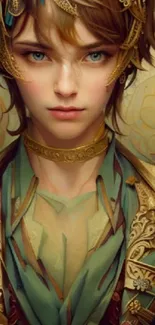 Elegant fantasy art portrait mobile wallpaper with intricate golden details.