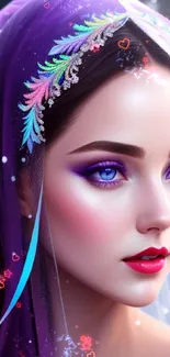 Elegant fantasy art portrait with jeweled headpiece on a purple background.