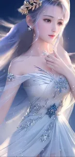 Fantasy art wallpaper with elegant woman in blue dress.