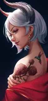 Fantasy art wallpaper with white-haired, horned figure and floral tattoo.