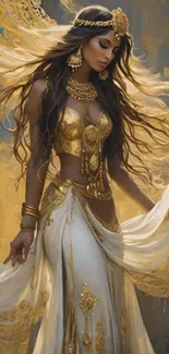 Elegant woman in golden fantasy attire.