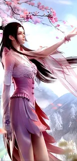 Enchanting fantasy art wallpaper with cherry blossoms and mountains.