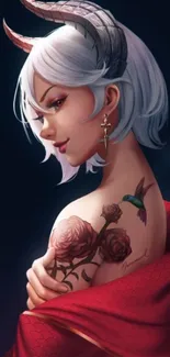 Elegant fantasy character with red shawl and tattoos on mobile wallpaper.