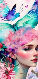 Fantasy girl illustration with colorful flowers and butterfly wings.