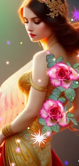 Fantasy woman with golden dress and roses in colorful background.