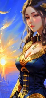 Elegant fantasy art featuring a regal woman against a vivid sunset.