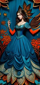 Elegant woman in a blue gown with vibrant floral background.