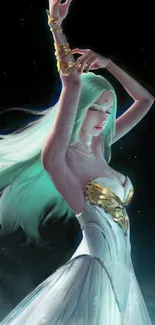 Elegant fantasy woman with green hair and a mystical background.