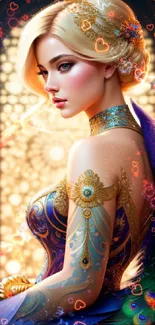 Fantasy art of elegant woman with peacock attire and golden background