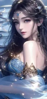 Elegant fantasy character in blue dress on a mystical mobile wallpaper.