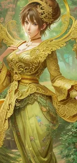 Elegant character in golden attire with fantasy background.