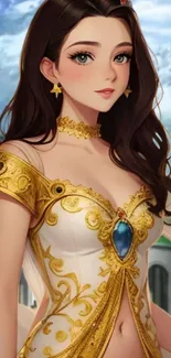 A digital artwork of an elegant woman in ornate golden attire with a fantasy background.