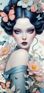 Mystic woman with butterflies and flowers, fantasy art wallpaper.