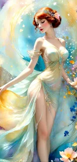 Elegant fantasy art of a woman in vibrant colors.