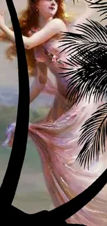 Fantasy woman in pink with palm silhouettes.