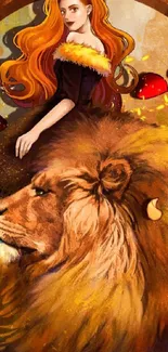 Fantasy art wallpaper with a red-haired woman and a lion in autumn tones.