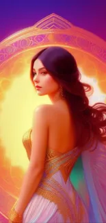 Mystical woman in elegant fantasy art design, vibrant purple hues.